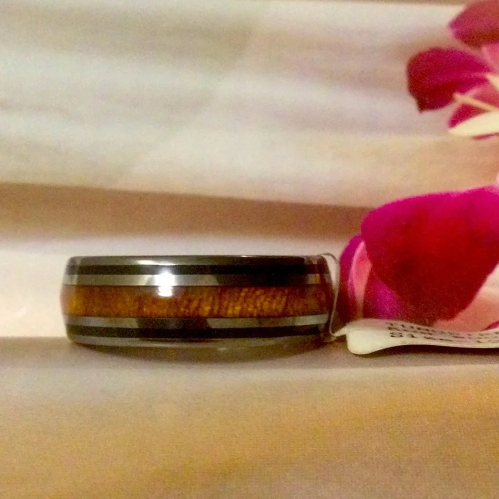 Big Sale,Koa Wood and Abolani inlaid with Tungsten’s ring.8MM Size 12”